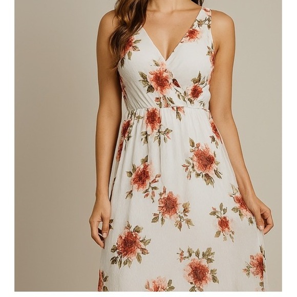 Jolie Vie White Floral Sleeveless V-Neck Mesh Overlay Maxi Dress Size‎ M - Picture 1 of 14